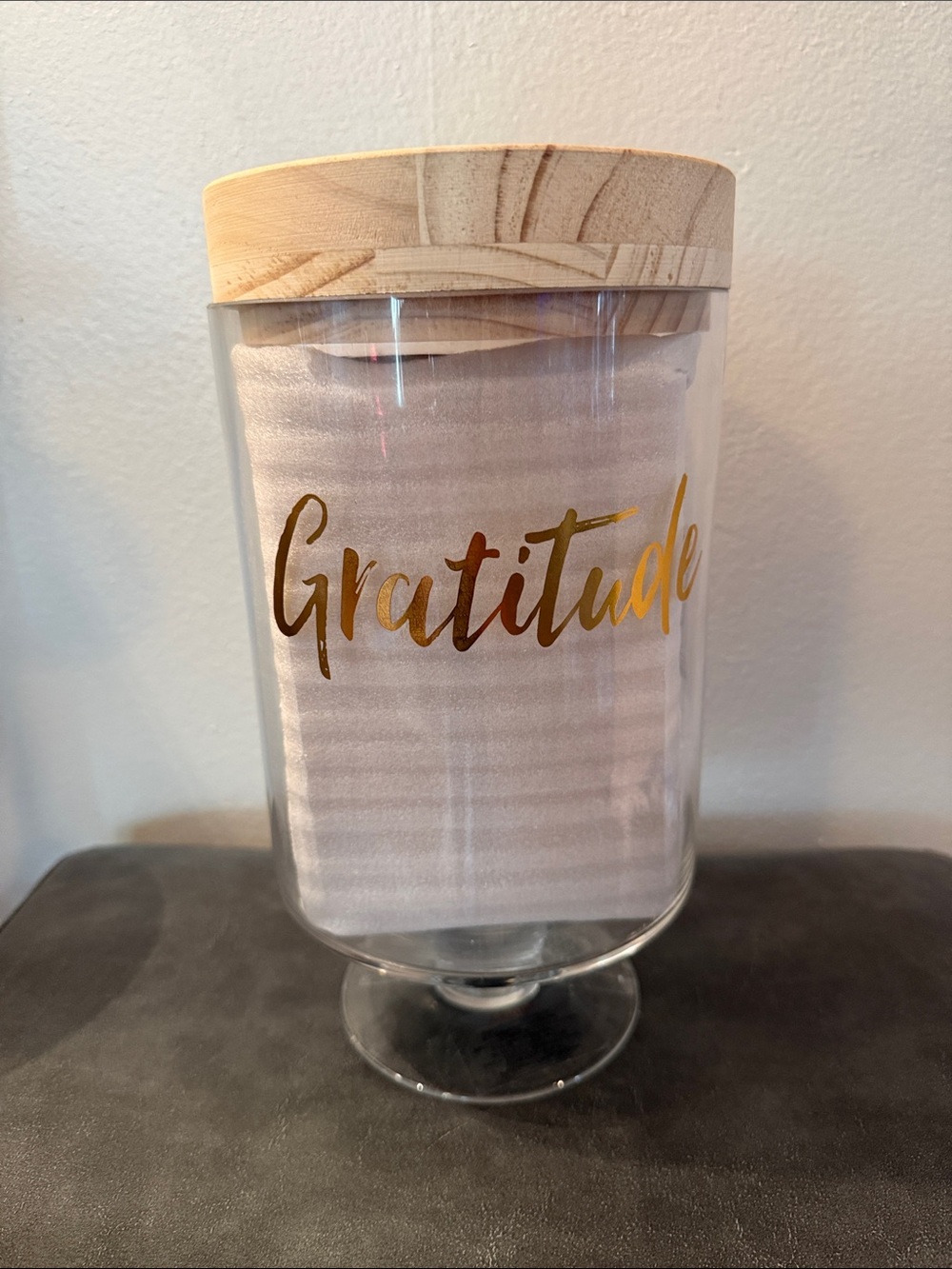 Gratitude Glass Canister with Wood Lid - White and Gold